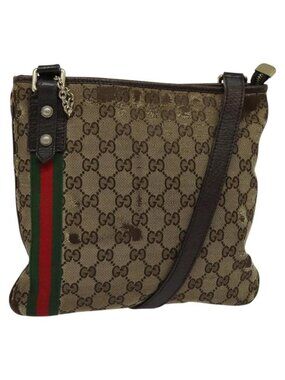 Authentic GUCCI GG Canvas Web Sherry Line Shoulder Bag Beige Gold Red 144388